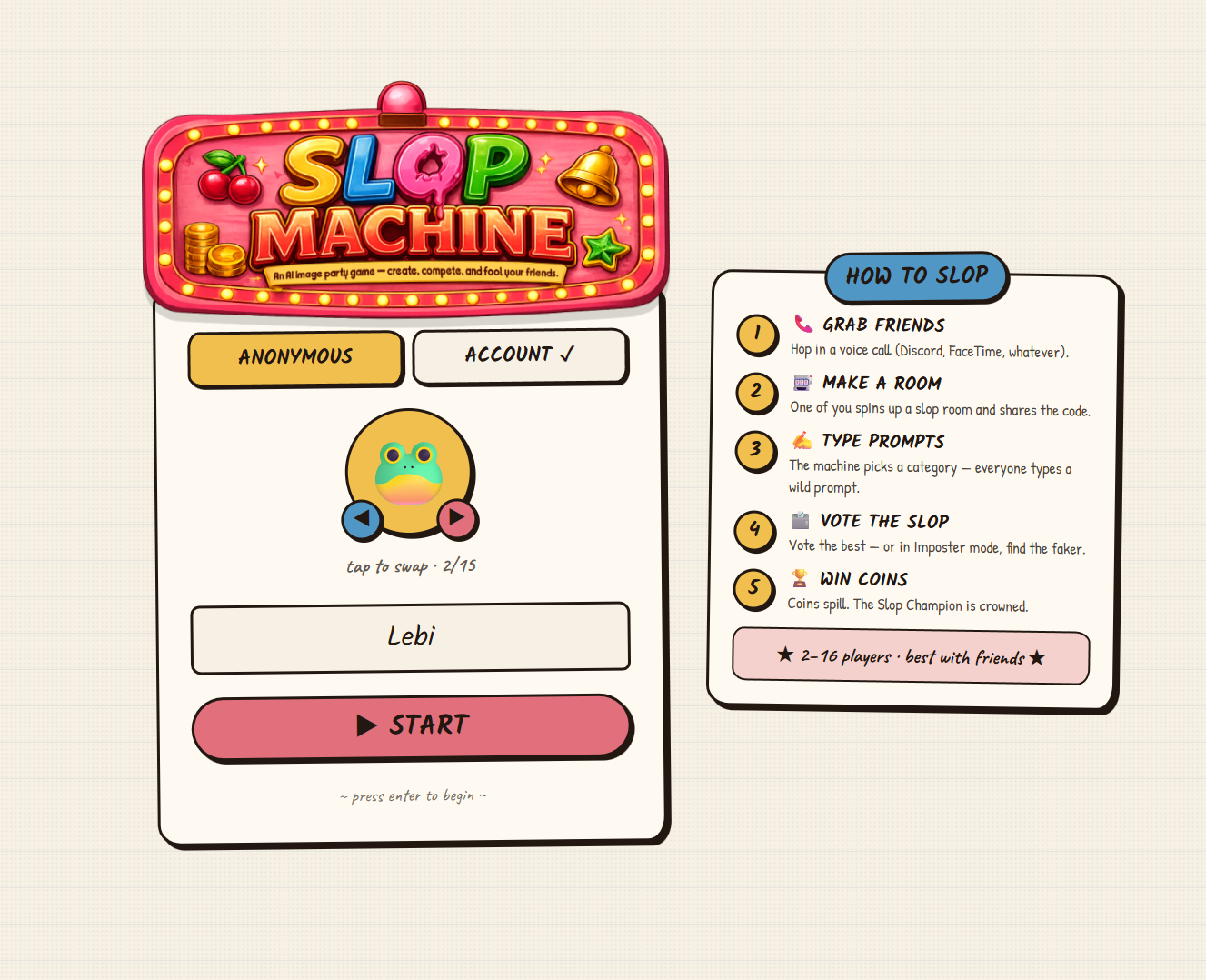Slop Machine lobby UI with player setup and how-to-play panel