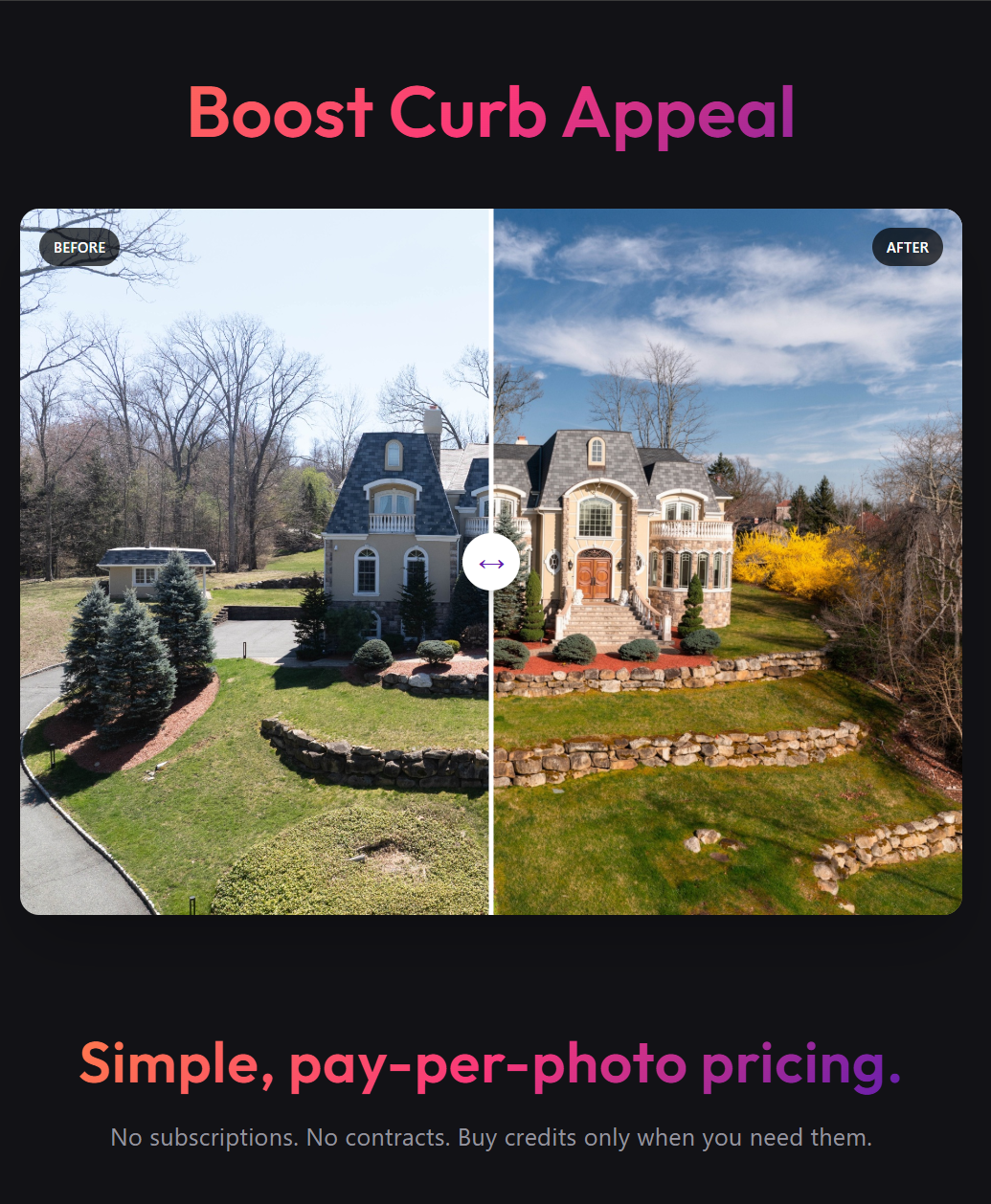 AutoEditPro hero interface showing a real estate photo edit