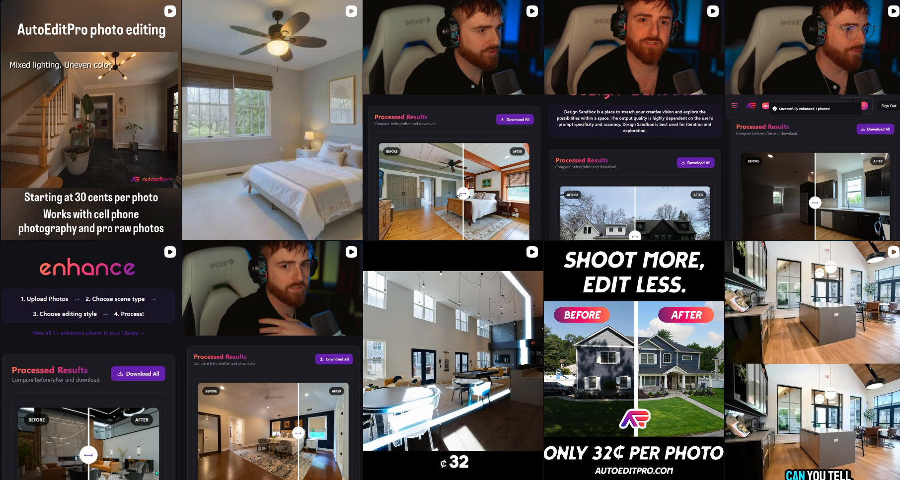 AutoEditPro Instagram feed grid of before/after posts and short-form videos