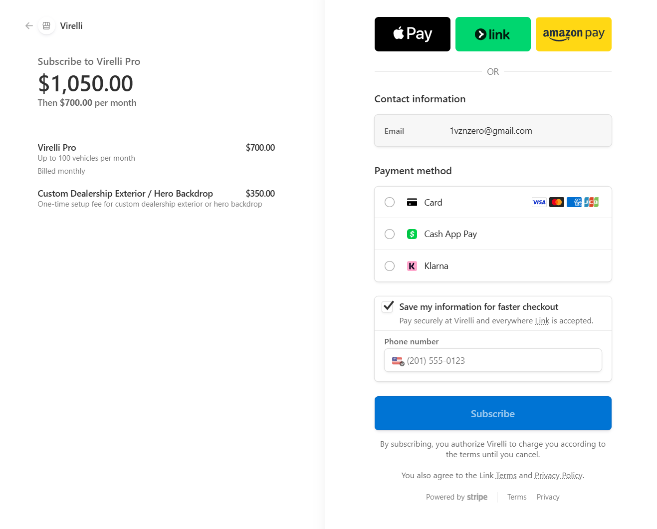 Virelli Stripe checkout page